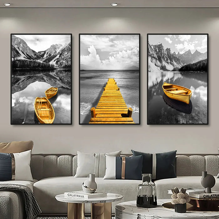 3pcs Yellow Boat On The Lake Landscape Canvas Prints Gold Wooden Bridge Mountain Abstract Wall Art Paintings For Home Decor