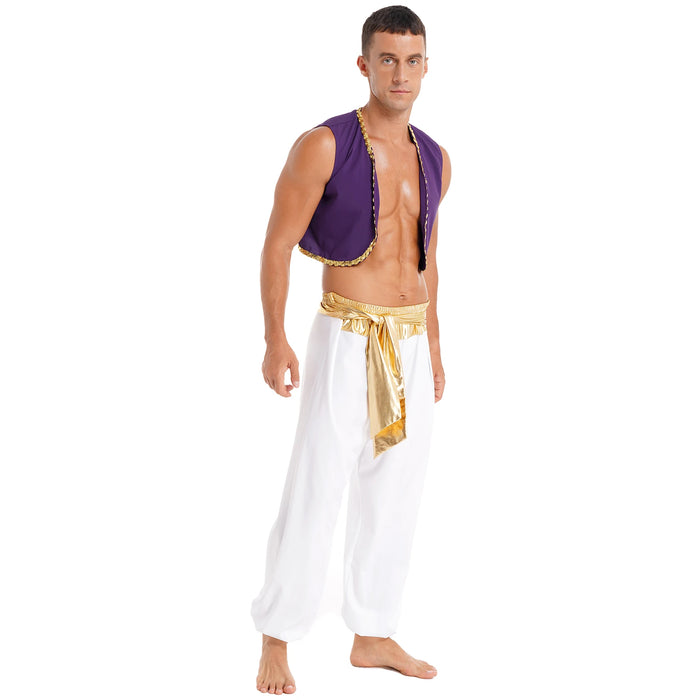 Aladin Costume Men Arabian Prince Cosplay Dress Up Waistcoat Top Harem Pants Suit Halloween Theme Party Carnival Stage Dancewear