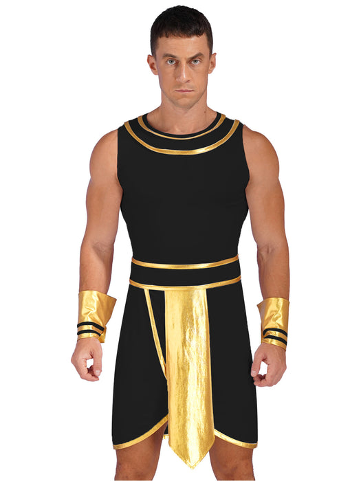 Ancient Mens Egypt Priest Role Play Costume Egyptian Pharaoh Cosplay Dresses Sleeveless Dress with Cuffs Halloween Dress Up