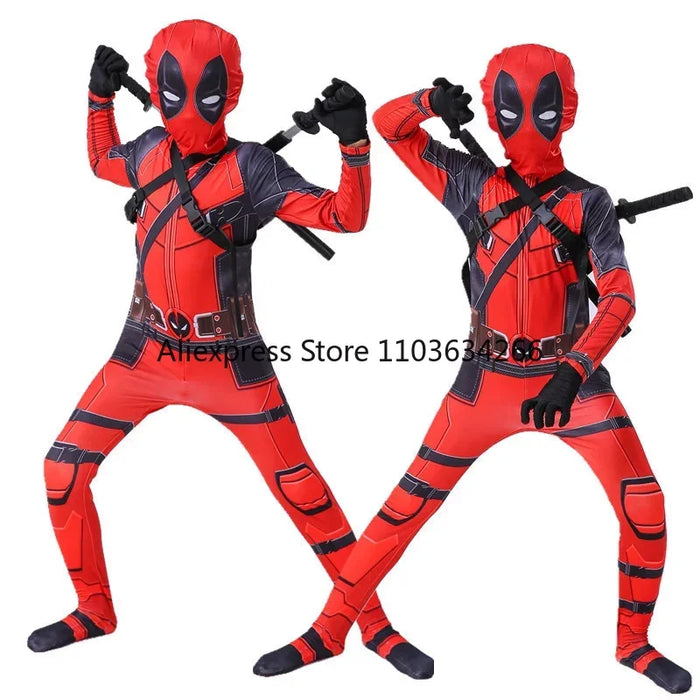 Deadpool Costume Men Women Kids Cosplay Mask Suit Jumpsuit Backpack Knife Accessories Superhero Halloween Costume Child