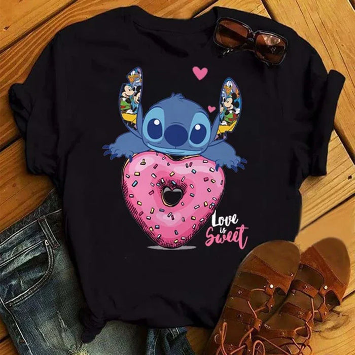 Kawaii stitch T Shirt Women Summer Tops Cartoon Heart Graphic Tees Cute Anime T-shirt Female Tshirt  Clothes