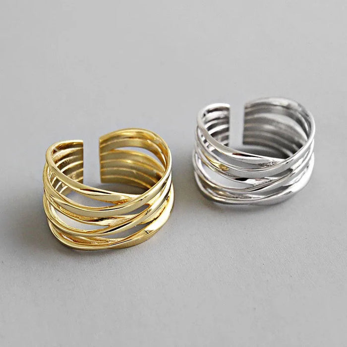 925 Sterling Silver Rings For Women Hollow Out Gold Color Temperament Personality Fashion Female Trendy Resizable Opening Rings