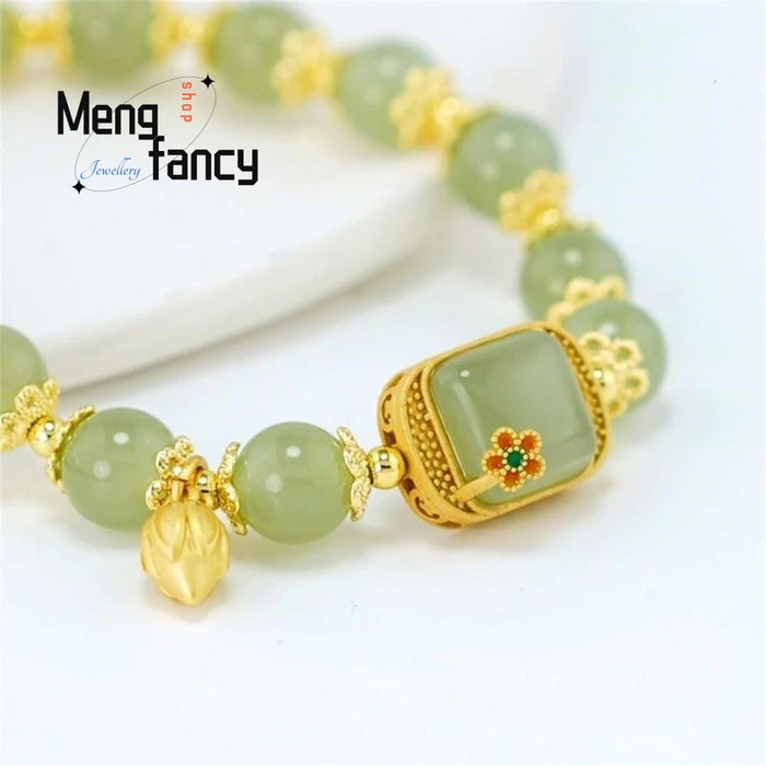 New Natural Hetian Jade Square Sugar Lotus Bracelet Exquisite Elegant Sexy Young Girls Best Selling Fashion Luxury Fine Jewelry