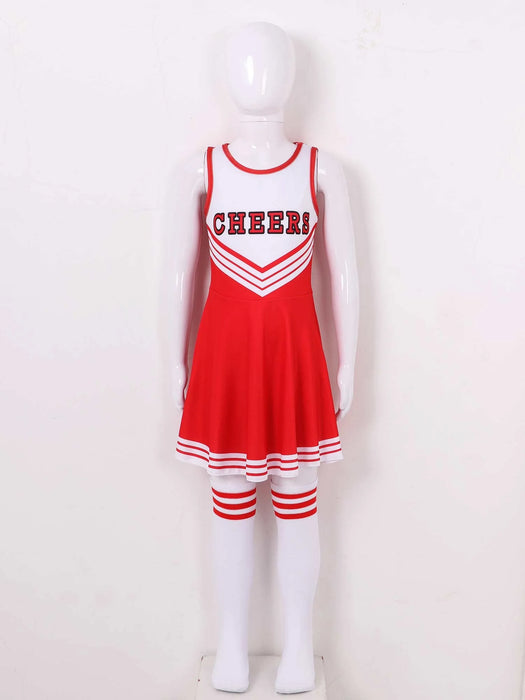 Girls Cheerleading Uniform Sleeveless Dance Costume Kids Cheerleader Outfit Round Neckline Letter Print Dress Flower and Socks