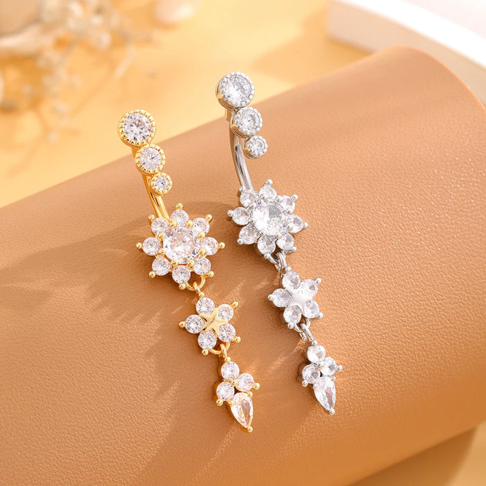 Gold Color Stainless Steel Belly Button Ring Long Dangled Flower CZ Crystal Navel Belly Piercing Rings for Women Sexy Jewelry