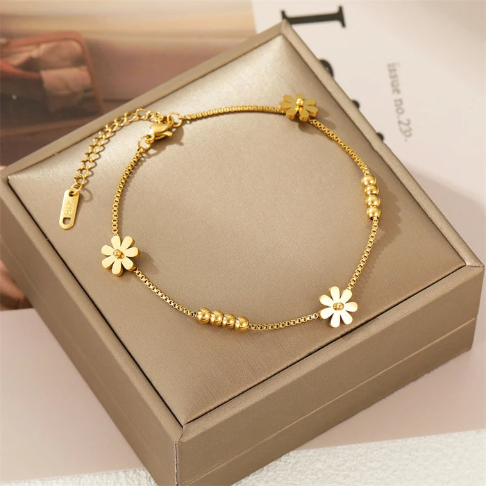 316L Stainless Steel Fashion High-end Jewelry Non-sliding Beading Elegant Daisy Ankle Ornaments Charm Chain Anklet For Women