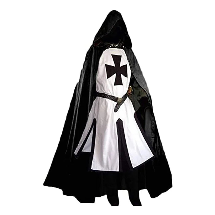 Mens Medieval Crusader Knights Templar Tunic Costumes Renaissance Halloween Surcoat Warrior Black Plague Cloak Cosplay Top S-3XL