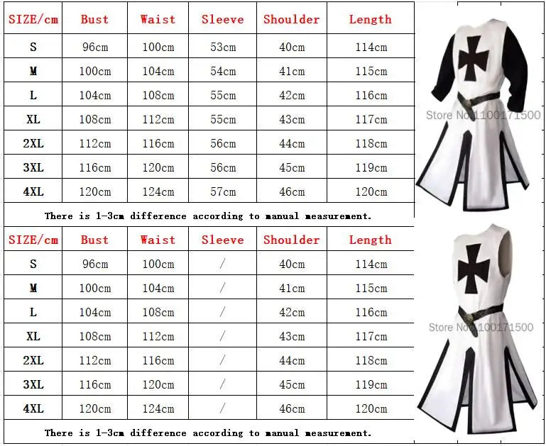 Plus Size Men Medieval Cosplay Robes Templar Knight Crusader Surcoat Long Sleeve Short Sleeve Mens Tops Reenactment Costume