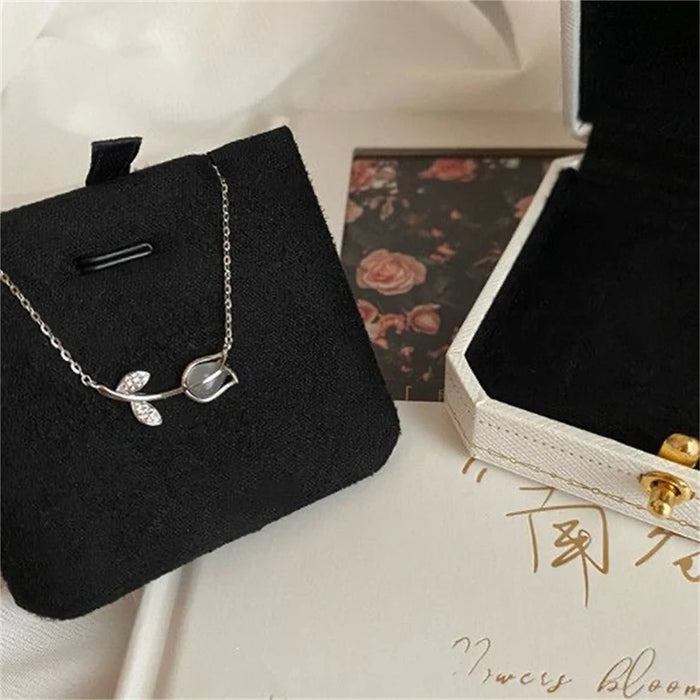 Elegant Crystal Tulip Gemstone Pendant Necklace For Women Korean Style Trendy Light Luxury Choker Chain Jewelry Accessories