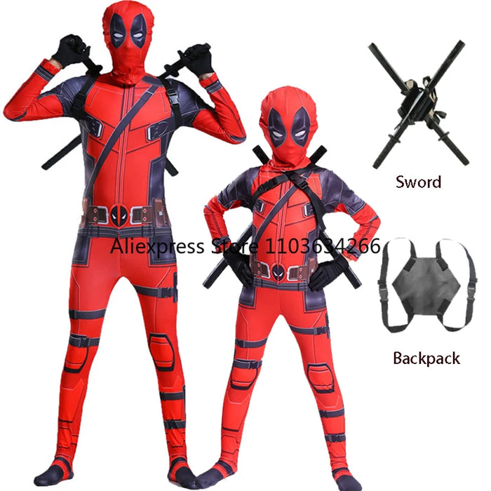 Deadpool Costume Men Women Kids Cosplay Mask Suit Jumpsuit Backpack Knife Accessories Superhero Halloween Costume Child