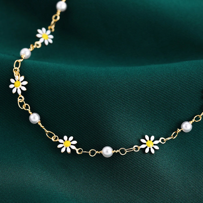 Elegant Daisy Flower Anklet with Handmade Pearl Chain Anklets for Women Summer Beach Sandals Accessories Bracelet on The Leg