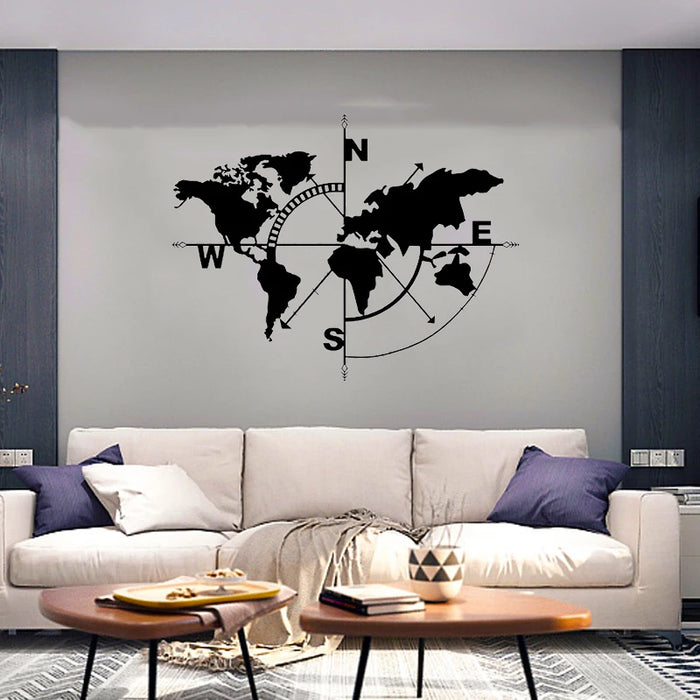 Black Metal World Map Wall Art Compass Decor Hanging Home Office School Classroom Living Room Bedroom Decoration Accessories