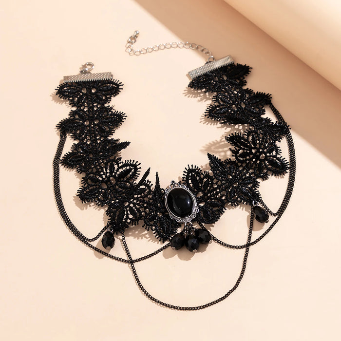 Lacteo Gothic Black Lace Rope Chain Necklace Crystal Beads Geometric Charm Chokers Collar Girls Women Party Y2K Jewelry New