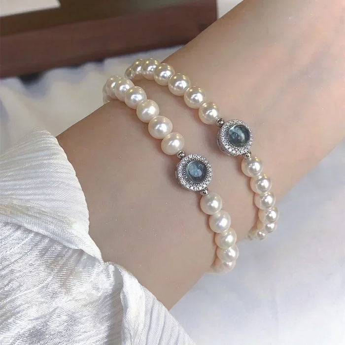 925 Sterling Silver Pearl Bracelet For Women French Luxury Designer Blue Crystal Charm Bracelets Fashion Party Wedding Jewelry