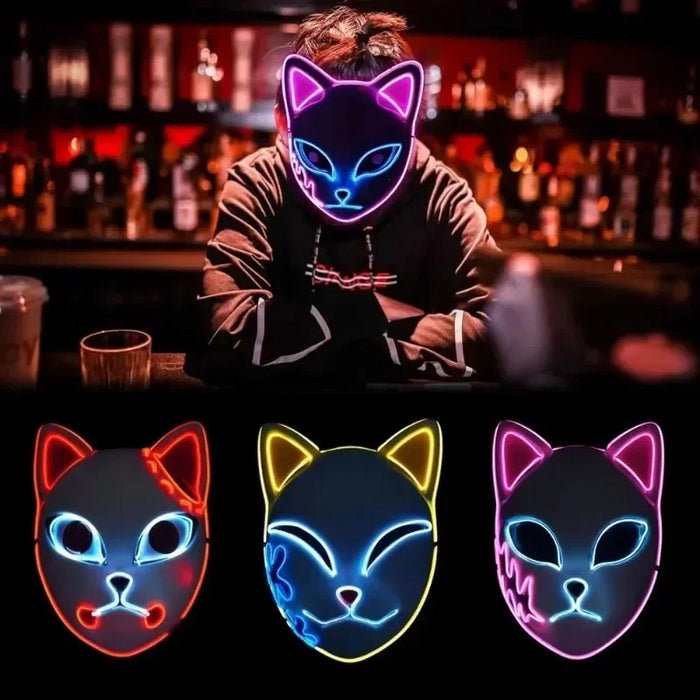 Glowing Demon Slayer Led Face Mask Anime Cosplay Prop Cat Face Fox Halloween Cold Light Flashing Mask Party Costume