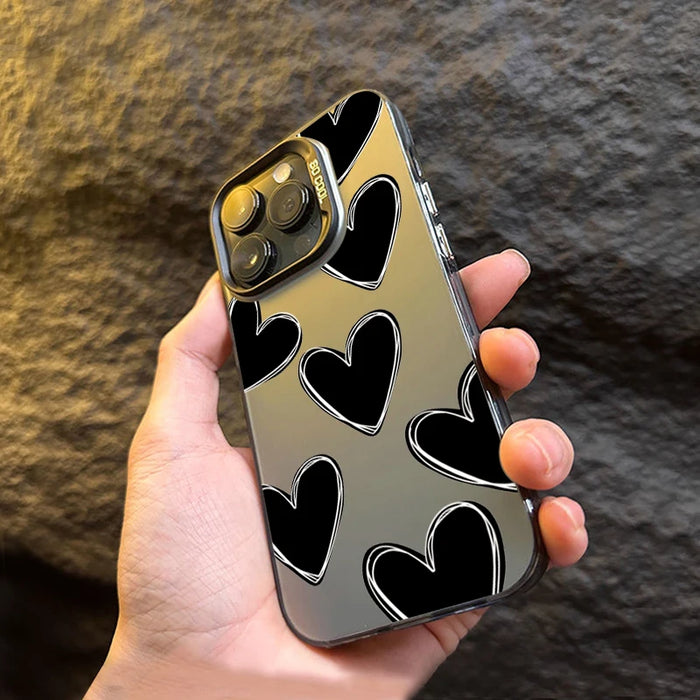 Luxury Love Heart Electroplate Silver IMD Case For iPhone 15 14 16 Pro Max Plus 13 Pro Shockproof Back Cover