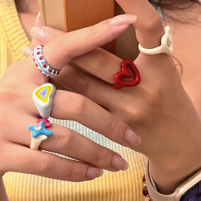 Colorful Enamel Heart Sweet Ring Trendy Geometric Dripping Oil for Women Girls Funny Y2K Chunky Jewelry Summer