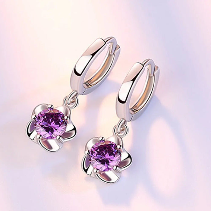 925 Sterling Silver Earrings Jewelry High Quality Retro Simple Pattern Purple White Zircon Earrings