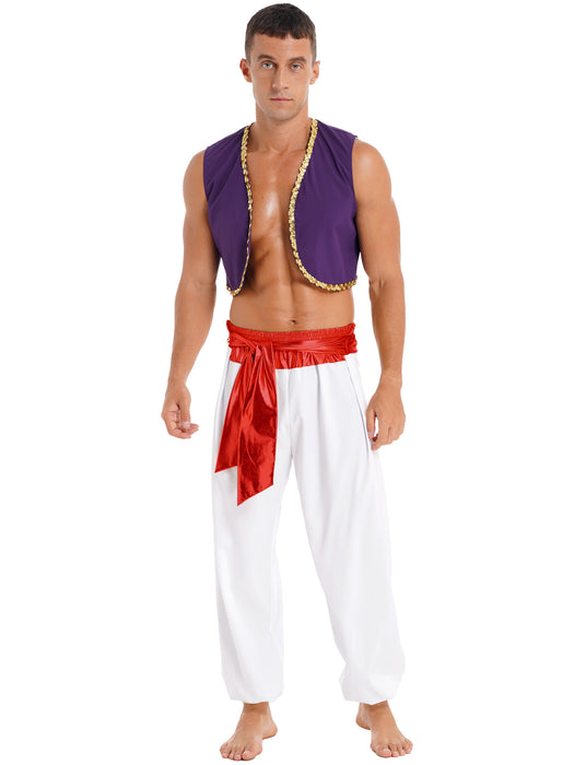 Aladin Costume Men Arabian Prince Cosplay Dress Up Waistcoat Top Harem Pants Suit Halloween Theme Party Carnival Stage Dancewear