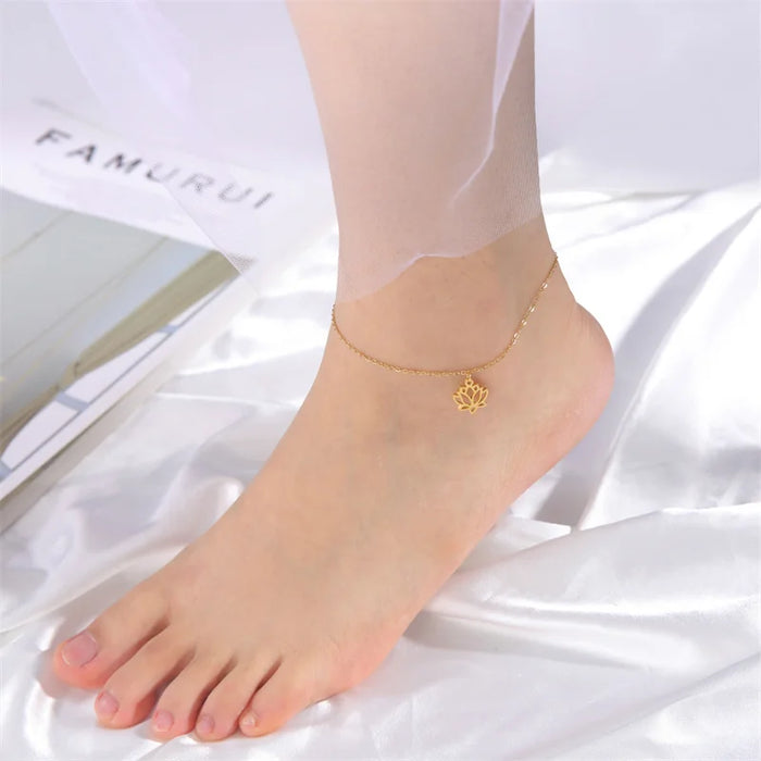 Trendy Stainless Steel Anklet Foot Bracelet Gold Color Lotus Flower Chain Anklets for Women Bracelet on the leg Jewelry Gifts