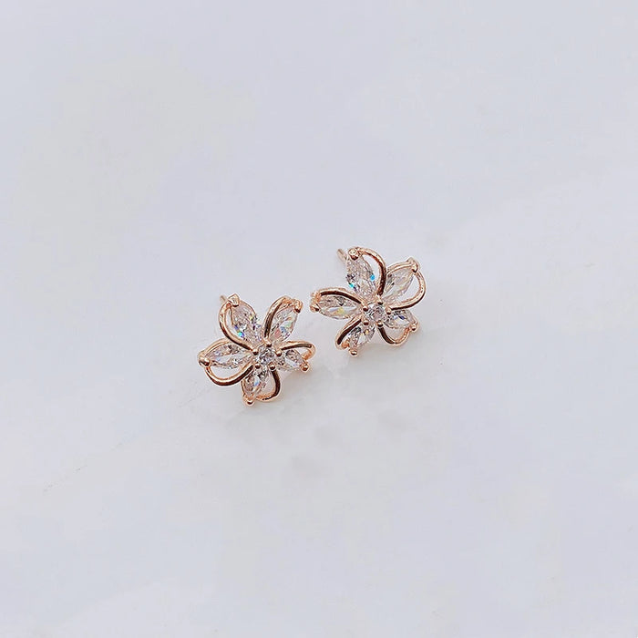 Delicate Gold Color Flower Stud Earrings with Tiny Zircon Paved Shiny Petal Earring for Women Cute Girls Lady Dangler Jewelry