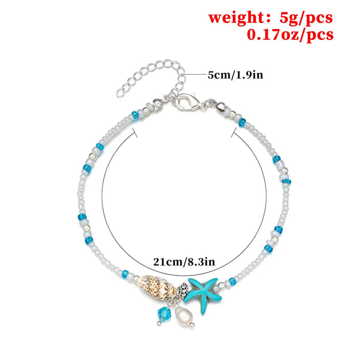 Bohemia Conch Starfish Beaded Anklet Fashion Imitation Pearl Pendant Foot Chain for Women Girls Adjustable Bracelet AccessoriesT