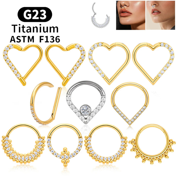 G23 Titanium Round Hoop D Shape Nose Ring Daith Heart Earring 16G CZ  Hinged Segment Ear Tragus Cartilage Helix Piercing Jewelry