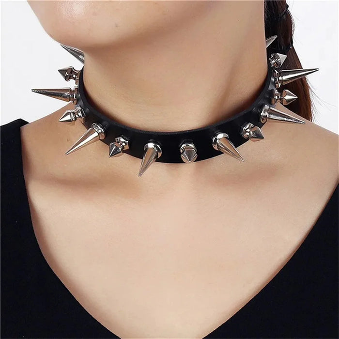 Punk Long Spike Choker Faux Leather Collar for Women Men Cool Big Rivets Studded Choker Goth Style Necklace Accessories