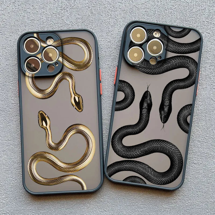 Luxurious Black Gold Snake Phone Case for IPhone 16 Plus 15 14 13 Pro Max Unique Dragon Shockproof Back Cover