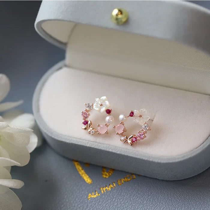 Y2k Pink Crystal Flower Pearl Butterfly Ear Studs Summer New Arrival  Korean Fashion Luxury Hoop Earrings For Women Jewelry Gift