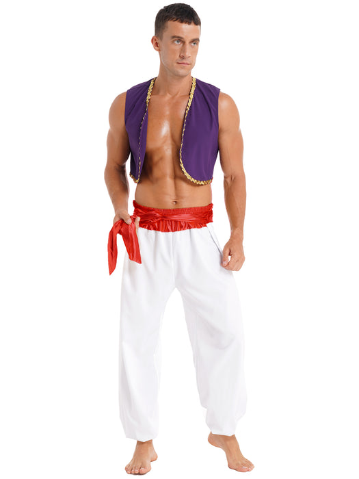 Aladin Costume Men Arabian Prince Cosplay Dress Up Waistcoat Top Harem Pants Suit Halloween Theme Party Carnival Stage Dancewear