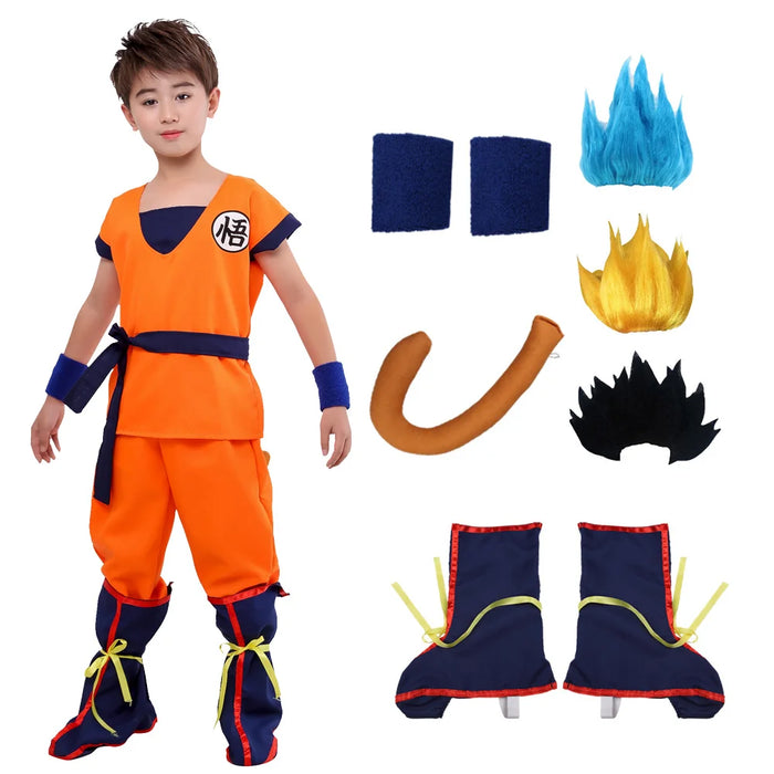 Halloween Adult Kids Suits Son Goku Gui Carnival Anime Cosplay Holiday Costumes Tail Wrister Wig Blue Gold New Year Dress Up