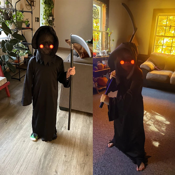 Children Halloween Cosplay Grim Reaper Death Scythe Black Costume with Hood Glowing Red Eyes Halloween Party Dress Up Props