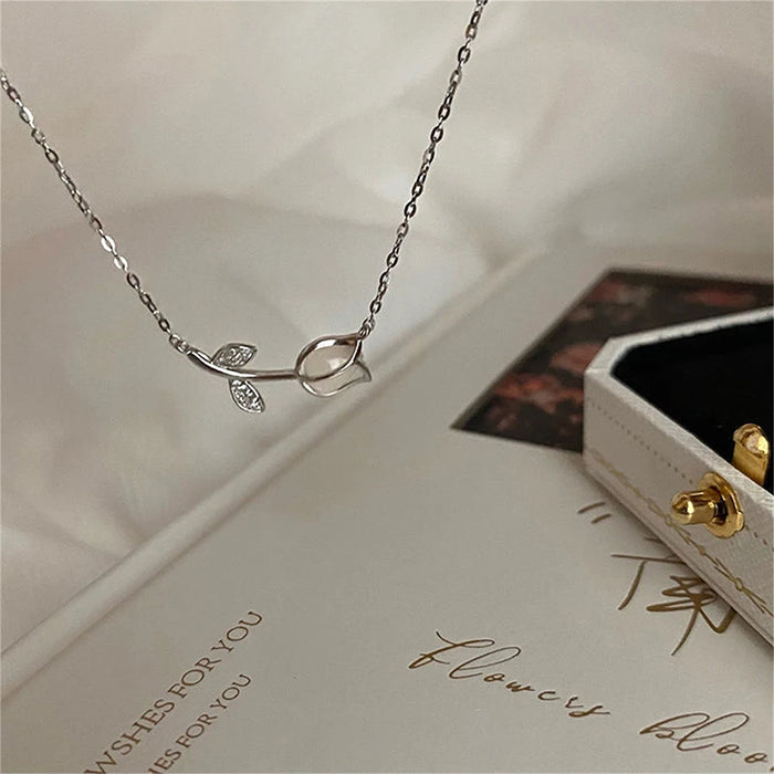 Elegant Crystal Tulip Gemstone Pendant Necklace For Women Korean Style Trendy Light Luxury Choker Chain Jewelry Accessories