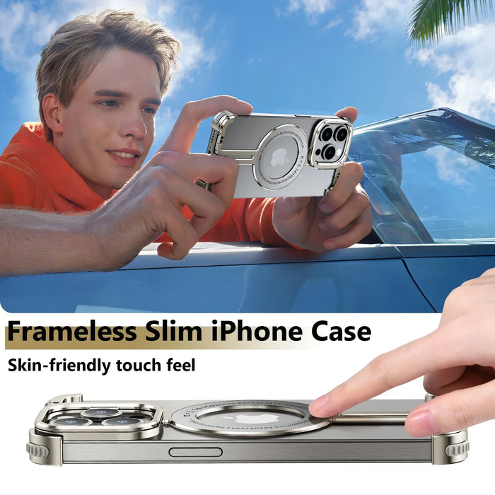 Metal Rimless Magsafe Magnetic Phone Case for IPhone 14 15 Pro Max Aluminum Alloy Lens Holder Protection Stand Shockproof Cover