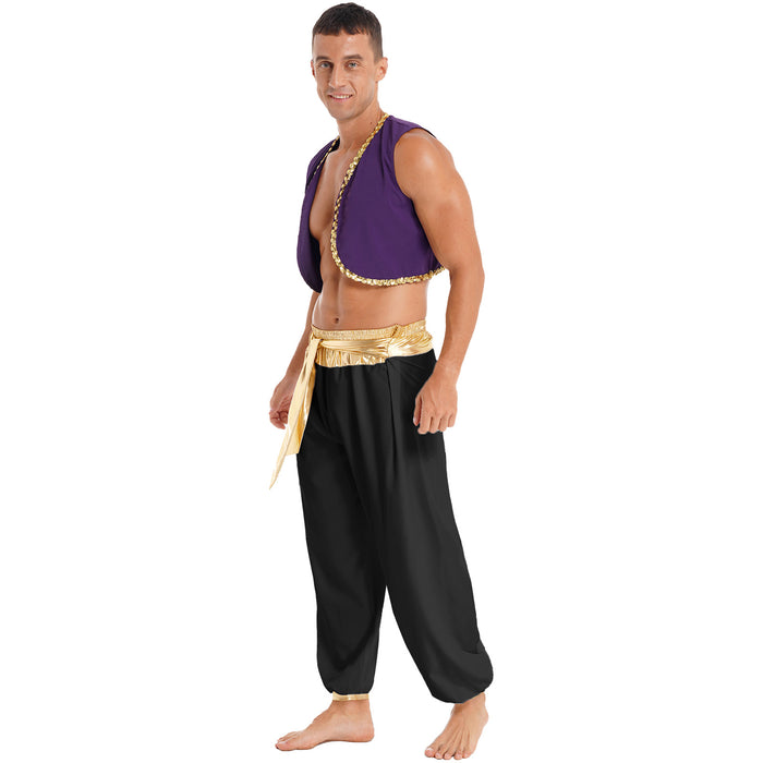 Aladin Costume Men Arabian Prince Cosplay Dress Up Waistcoat Top Harem Pants Suit Halloween Theme Party Carnival Stage Dancewear