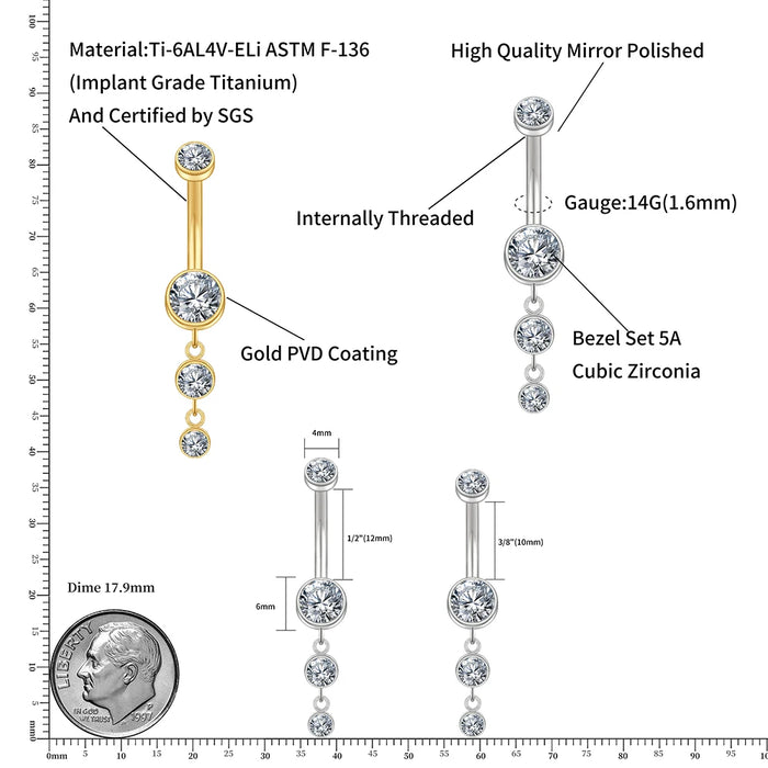 Right Grand ASTM F136 Titanium 14G Dangle CZ Gems Belly Button Ring Cubic Zirconia Drop Pendant Navel Nail Body Piercing Jewelry