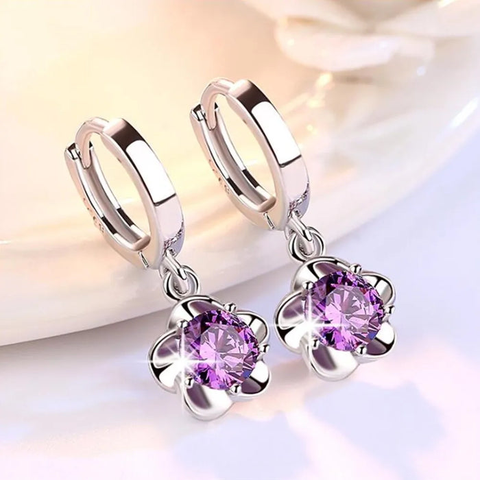 925 Sterling Silver Earrings Jewelry High Quality Retro Simple Pattern Purple White Zircon Earrings