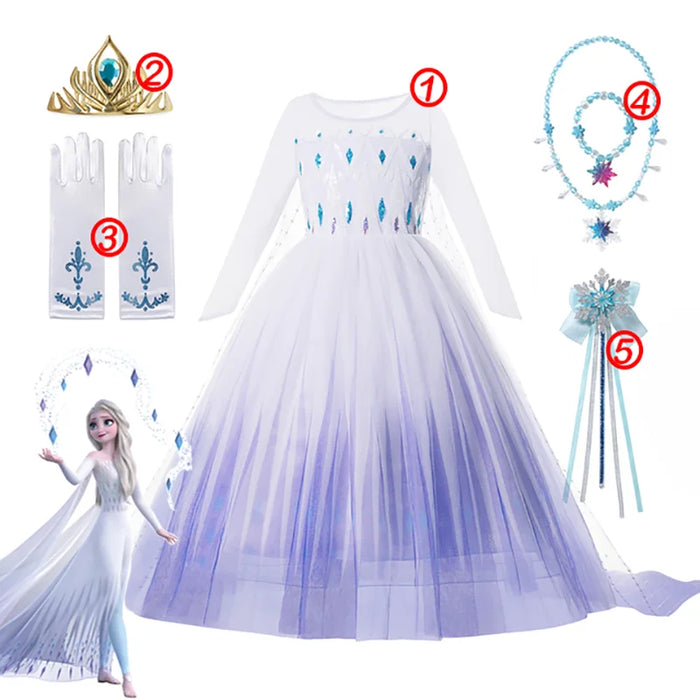 Disney Frozen Costume Princess Dress for Girls White Sequined Mesh Ball Gown Carnival Clothing Kids Cosplay Snow Queen Elsa Anna