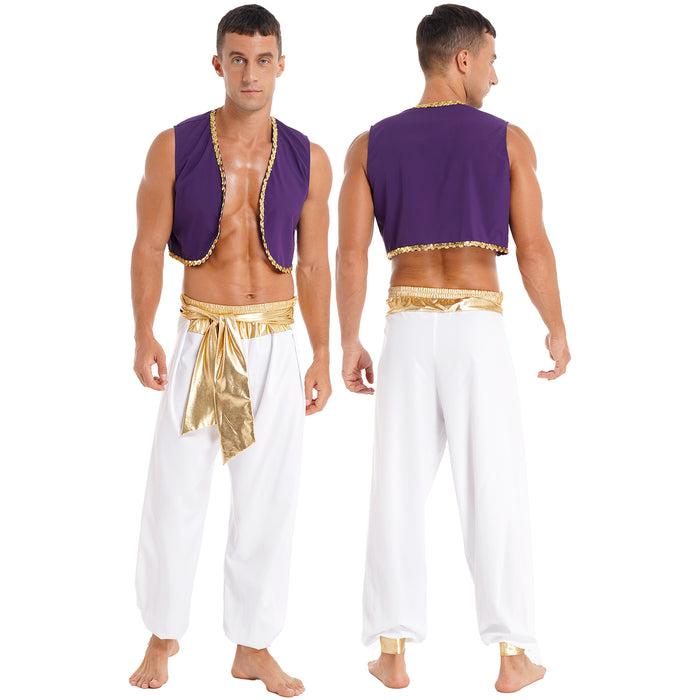 Aladin Costume Men Arabian Prince Cosplay Dress Up Waistcoat Top Harem Pants Suit Halloween Theme Party Carnival Stage Dancewear