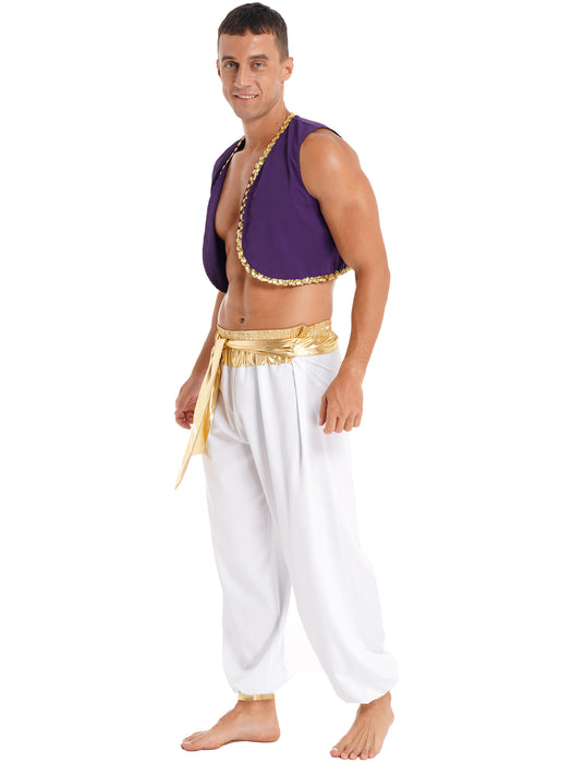 Aladin Costume Men Arabian Prince Cosplay Dress Up Waistcoat Top Harem Pants Suit Halloween Theme Party Carnival Stage Dancewear