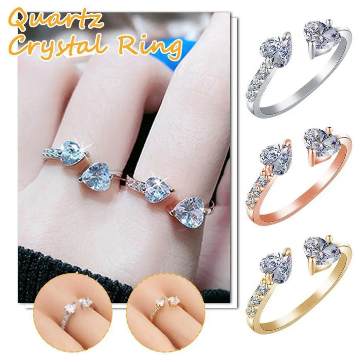 Fashion Double Heart Love Quartz Crystal Ring Ionix Therapy Quartz Open Ring for Women Therapy for Weight Loss Lymphatic Ring