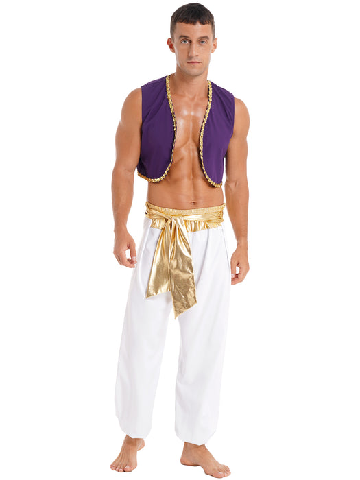 Aladin Costume Men Arabian Prince Cosplay Dress Up Waistcoat Top Harem Pants Suit Halloween Theme Party Carnival Stage Dancewear