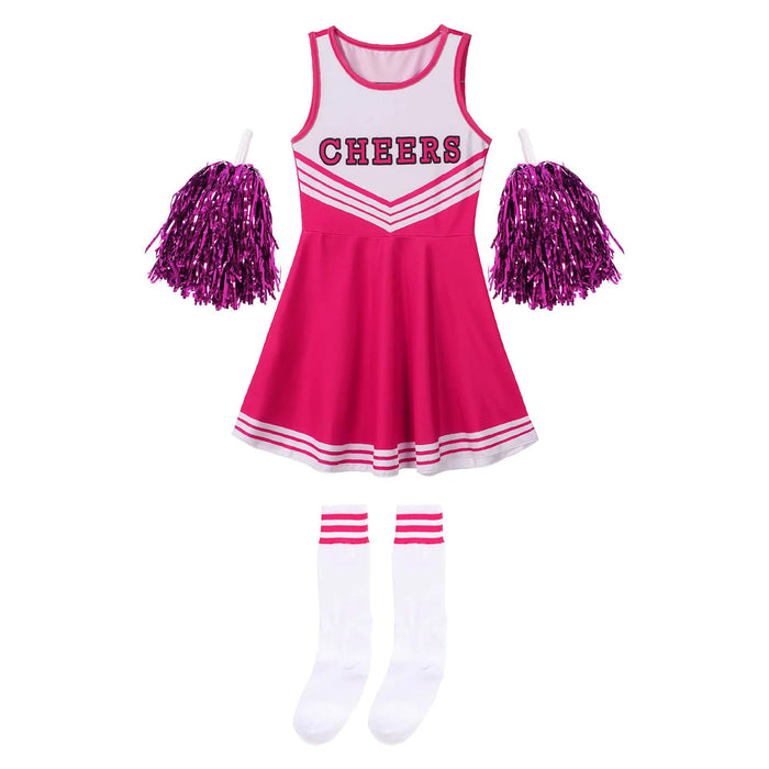 Girls Cheerleading Uniform Sleeveless Dance Costume Kids Cheerleader Outfit Round Neckline Letter Print Dress Flower and Socks