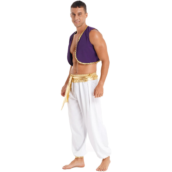 Aladin Costume Men Arabian Prince Cosplay Dress Up Waistcoat Top Harem Pants Suit Halloween Theme Party Carnival Stage Dancewear