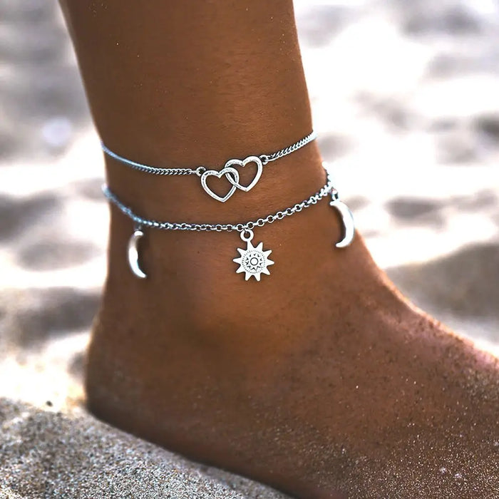 Two Layers Chain Heart Moon Sun Gold Silver Color Anklets For Women Bracelets Summer Barefoot Sandals Jewelry On Foot Leg