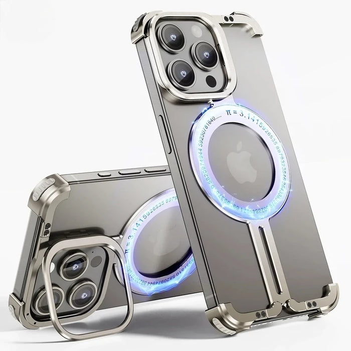 Metal Rimless Magsafe Magnetic Phone Case for IPhone 14 15 Pro Max Aluminum Alloy Lens Holder Protection Stand Shockproof Cover