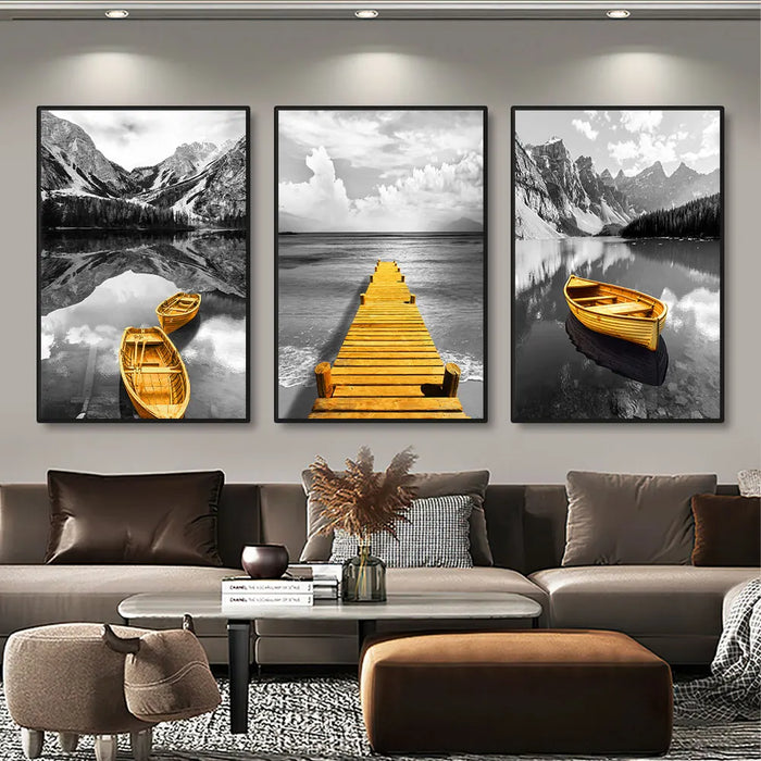 3pcs Yellow Boat On The Lake Landscape Canvas Prints Gold Wooden Bridge Mountain Abstract Wall Art Paintings For Home Decor