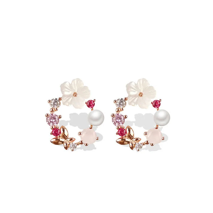 Y2k Pink Crystal Flower Pearl Butterfly Ear Studs Summer New Arrival  Korean Fashion Luxury Hoop Earrings For Women Jewelry Gift