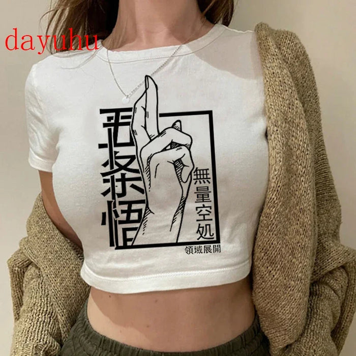 90S Hip Hop Crop Top  Tshirt Manga Japanese Anime Jujutsu Kaisen T Shirt Gojo Satoru Tops Yuji Itadori Cropped Tees T-shirt